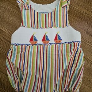 Three Sisters  Unisex Smocked Sailboat Bubble Colorful Striped Sailboat Bodysuit